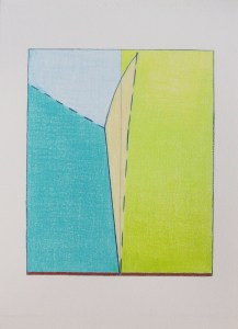 Photo of artwork showing light blue, aqua, yellow-green, and cream forms